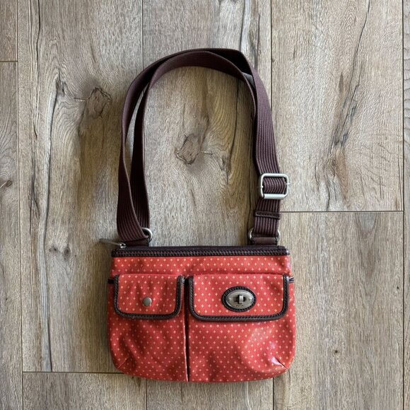 Vintage Fossil Key-Per Coated Leather Orange Tan Star Polka Dot Crossbody Bag - Picture 2 of 14